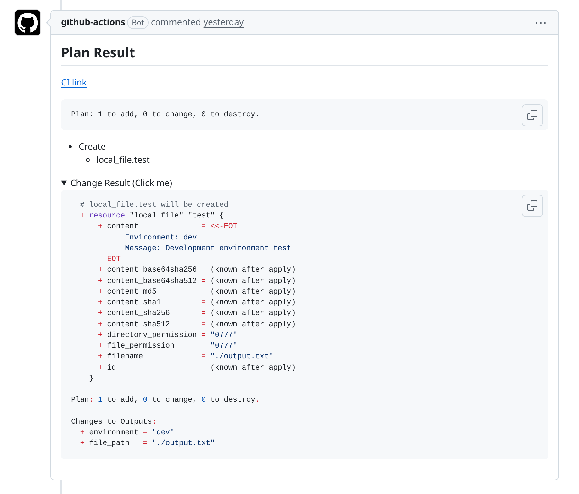 Expanded Terraform change result in a pull request comment