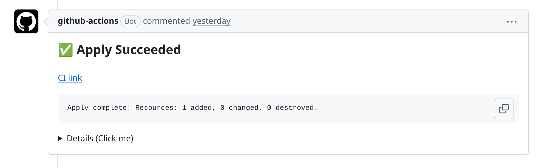 Terraform apply succeeded comment in GitHub