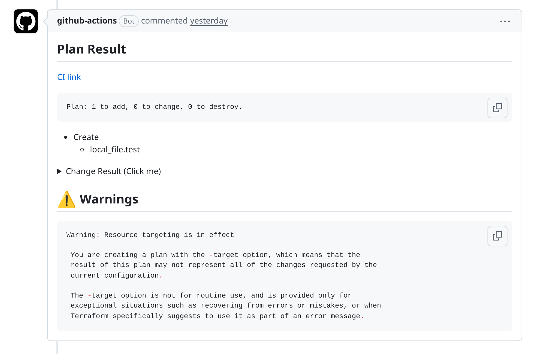 Targeted Terraform plan warning in GitHub